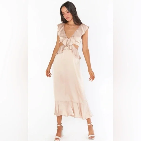 Show Me Your Mumu Zoey Midi Dress Champagne Luxe Satin NWT Size L - Picture 3 of 5